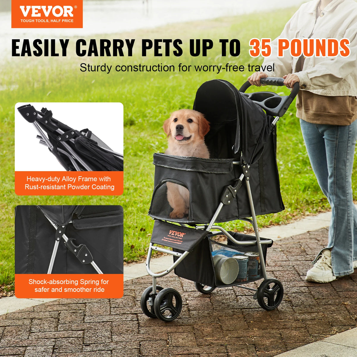 VEVOR Dog Stroller, 35lbs, 3 Wheels with Front Storage Basket, Cup Holder
